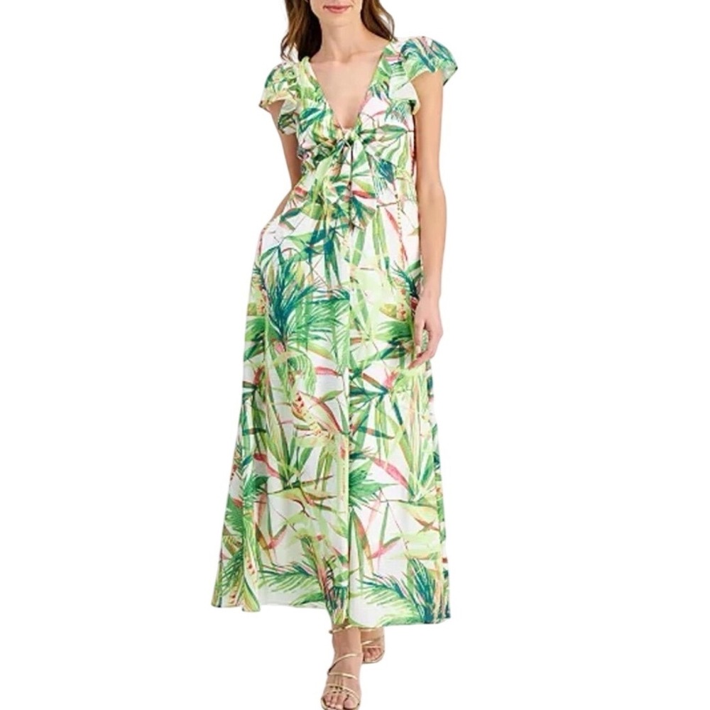 Taylor Short Sleeve Tropical Palm Vacation Green Flowy Maxi Dress Women's Size 6